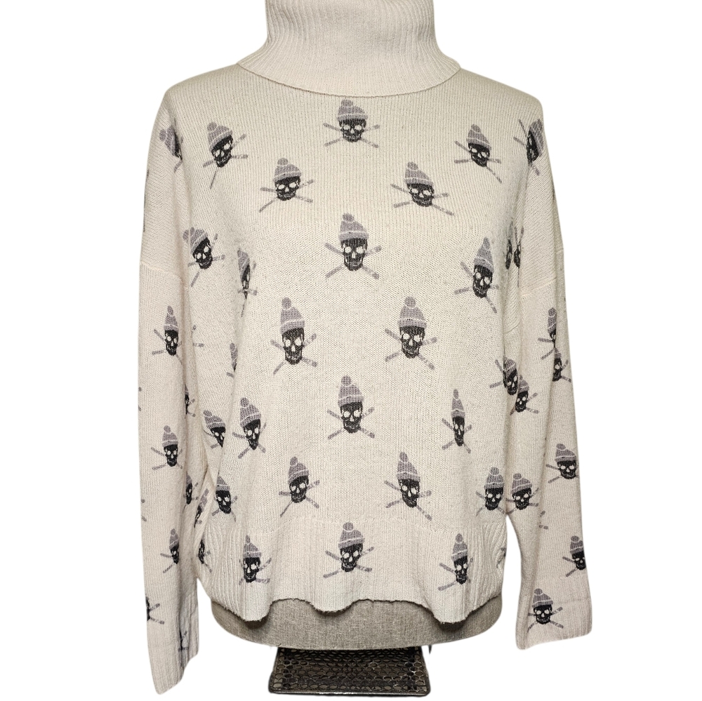 Skull Cashmere Cream Knit Sweater Size S Whimsigoth Witchy Après-Ski Halloween